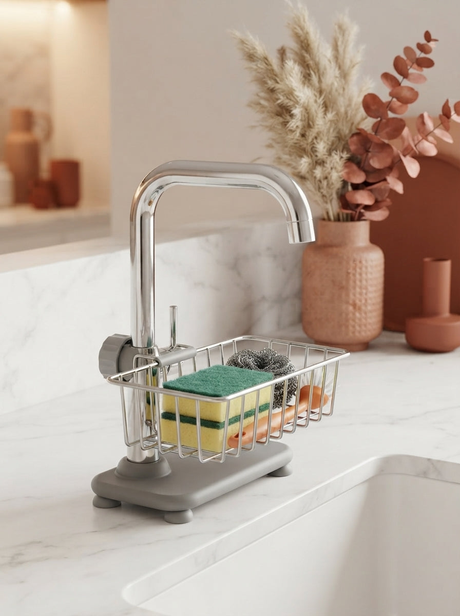 A sink caddy organizer holding sponges and brushes on a marble countertop in a modern kitchen with terracotta accents.